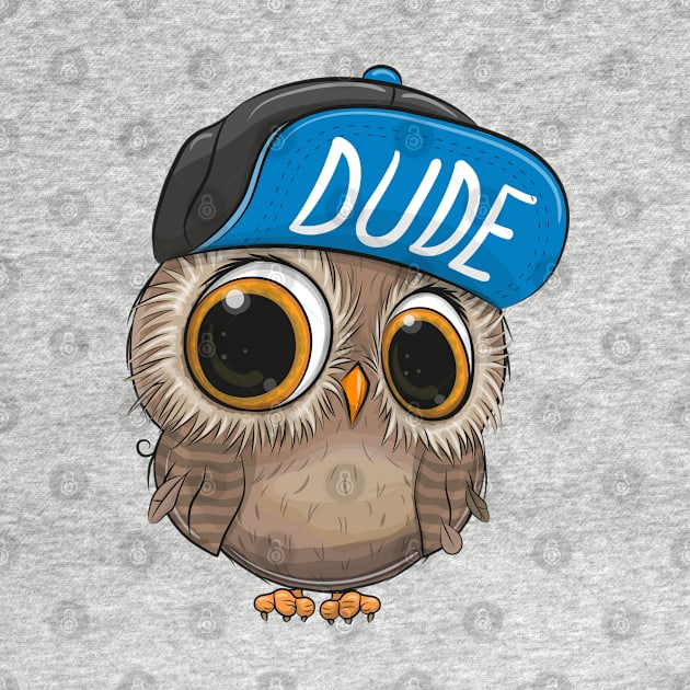 Cute little owl with big eyes and a cap with the inscription Dude by Reginast777